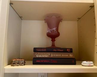 Pink with white pedestal (Fenton), small round lidded dish, metal trinket dish with lid