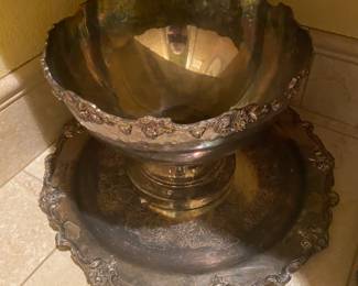 Silver plate punch bowl and server