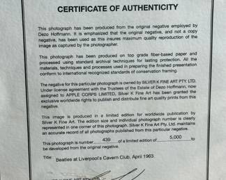 DEZO HOFFMAN Photo "Beatles at Liverpool's Cavern Club" (April 1963) Limited Edition from ORIGINAL Negative (439/5000) - 24" x 28"