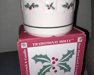 Longaberger Pottery "Traditional Holly One Pint Crock & Candle" W/ Box