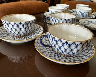 Lomonosov Cobalt Tea Cup w/Saucers (3)