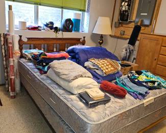 Queen bed, vintage clothes etc.