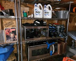 Microwave, Metal shelving, Camping supplies