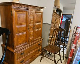 Dressers, mirror, antique chairs