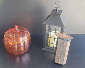 Glass Pumpkin, Lantern, and Copper Matchstick Holder