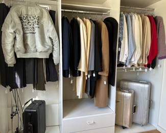 Men’s garments, including a Collectable Rolling Stones flight jacket, Giorgio Armani camel Tan Top Coat, Halliburton luggage
