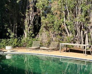 Vintage Van Keppel-Green 2-Double Daybeds, 2-Chaise Lounges, Terrazzo-top Cocktail Table, Terrazzo-Top side Table, 3-Side Chairs, Dining Table (base only) Poolside furniture, Classic Urn