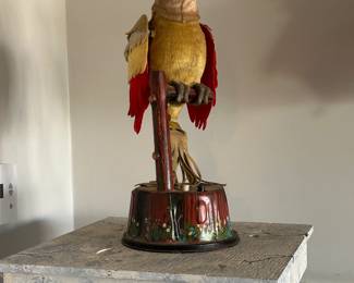 Vintage Animatronic Parrot on Marbleized Cardboard Column