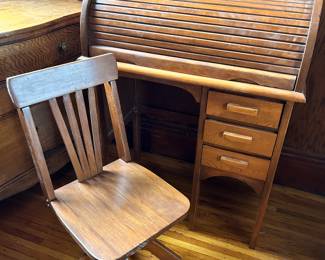 Childs antique roll top desk and swivel chair