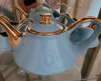 c,1930's Pearl China Co. Turquoise Blue w/Gold Tea Pot w/ Cream & Sugar