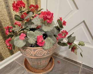 Vintage Robinson Ransbottom Large Brushware Pottery Diamond Pattern Jardiniere with Silk Flower Arrangement