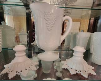 Indiana Colony Lancaster Harvest Milk Glass Maple Leaf & Grape Ice Lip Pitcher and Westmoreland milk Glass Ring & Petal Candlestick Holders