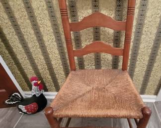 Antique Rush Seat Ladderback Chair and Rooster Door Stop