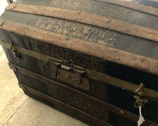 Antique leather & oak steamer trunk with dome top