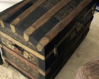 Antique leather & oak steamer trunk with dome top