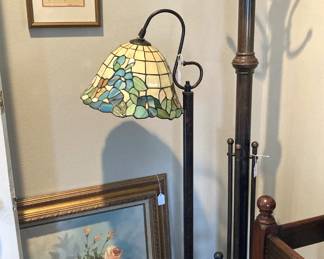 Stained glass floor lamp; freestanding antique brass coat/hat rack