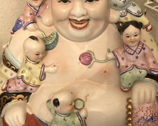 Vintage porcelain Famille Rose laughing Buddha & children figurine