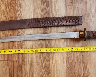 36" - Samari-like sword/sabre with brass tang, leather wrapped handle, leather wrapped wooden sheath.  