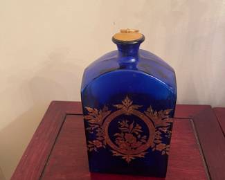 Vintage Bohemian cobalt blue & gold glass vanity bottle with stopper