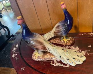 Vintage 1957 Elpa Alcobaca S.A. Leart Co porcelain peacock pair - hand painted in Portugal 