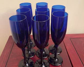 MCM Cobalt Blue Champagne Wine Glass Long Stem Flutes - set of 8