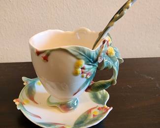 Franz hand painted tea cup with saucer and matching spoon