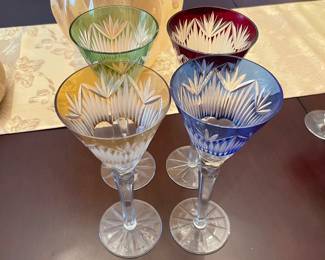 Set of 4  crystal cut-to-clear multicolor 9.5" flutes/martini glasses 
