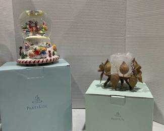 PartyLite Musical snowglobe candle holder plus a leaf candle holder