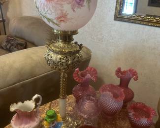 Piano table lamp with hand painted chrysanthemum ball shade