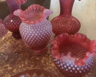 Ruby red Fenton hobnail glass vases.   Larger vases are approximately 11” tall