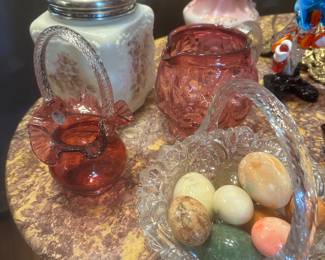 Marble eggs, glass basket, ruby red basket Ruby red  pitcher, antique biscuit jar
