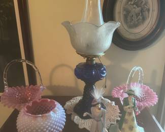 Antique cobalt blue electrified oil lamp, Fenton baskets and rose bowl, Bradford exchange ladies 