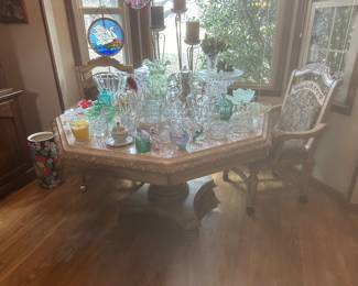 Marble top dining table and four chairs matching curio with marble top could be used as a buffet