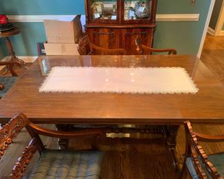 Gorgeous Single Slab Carved Dining Room Table, Custom Thick Glass and 6 Chairs