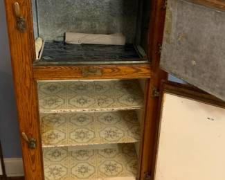 Vintage Tall Oak and Brass Two Door Ice Box