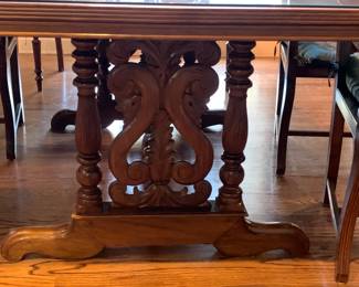 Gorgeous Single Slab Carved Dining Room Table, Custom Thick Glass and 6 Chairs