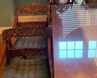 Gorgeous Single Slab Carved Dining Room Table, Custom Thick Glass and 6 Chairs