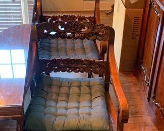 Gorgeous Single Slab Carved Dining Room Table, Custom Thick Glass and 6 Chairs