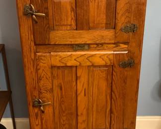 Vintage Tall Oak and Brass Two Door Ice Box