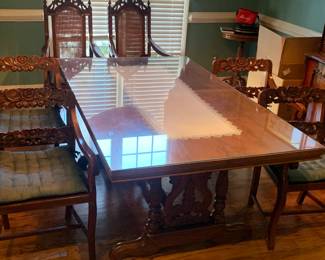 Gorgeous Single Slab Carved Dining Room Table, Custom Thick Glass and 6 Chairs