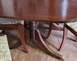 Vintage Bassett Furniture trestle dining table with two leaves, 6 chairs sold separately