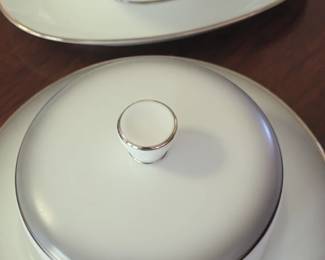 Rosenthal-Continental Bettina Gray Edge Platinum Trim covered round butter dish and gravy boat with attached underplate