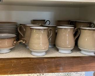 Denby England stoneware - complete set of dishes, including coffee/ tea pot, sugar, creamer, large platters and bowls, soup bowls and other unique pieces. Denby is discontinued, and these dishes are highly desirable.
