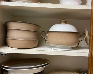 Denby England stoneware - complete set of dishes, including coffee/ tea pot, sugar, creamer, large platters and bowls, soup bowls and other unique pieces. Denby is discontinued, and these dishes are highly desirable.