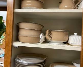 Denby England stoneware - complete set of dishes, including coffee/ tea pot, sugar, creamer, large platters and bowls, soup bowls and other unique pieces. Denby is discontinued, and these dishes are highly desirable.