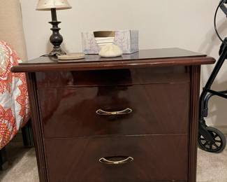 Bedside table (two units) in burled walnut with glass top