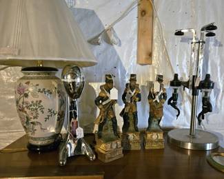 Kitchen items, figural decanters, vintage mixer, lamp, (items sold separately).