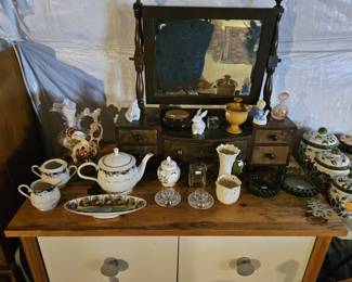 Pottery and glass items, 4 drawer server, dresser set with mirror (items sold separately).