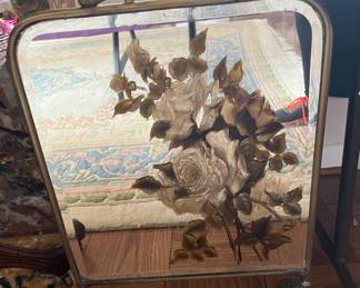 Art Nouveau brass fireplace screen with beveled mirror insert and hand painted roses