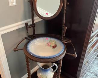 Reproduction washstand with antique bowl/pitcher, etc